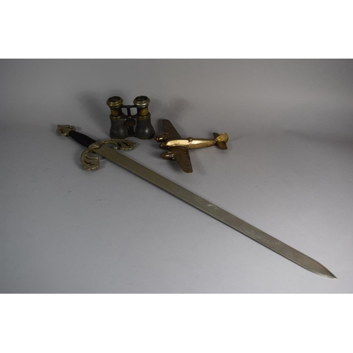 118 - A Brass Model of a WWII Bomber, a Pair of Vintage Binoculars and Spanish Toledo Reproduction Sword