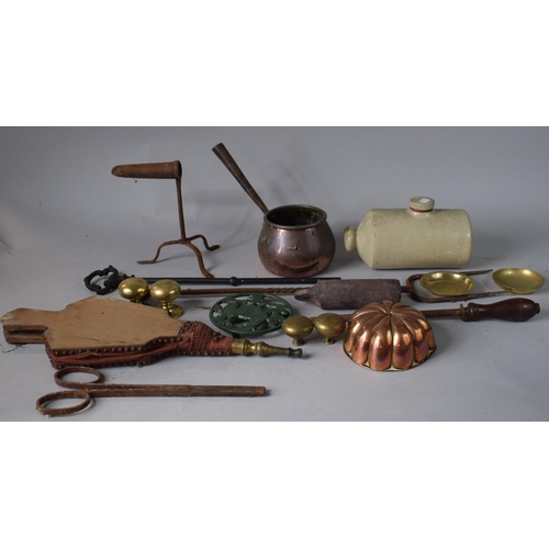 121 - A Collection of 19th Century & Later Metalwares to Include Gophering Iron, Bellows, Fire Tongs, Copp... 