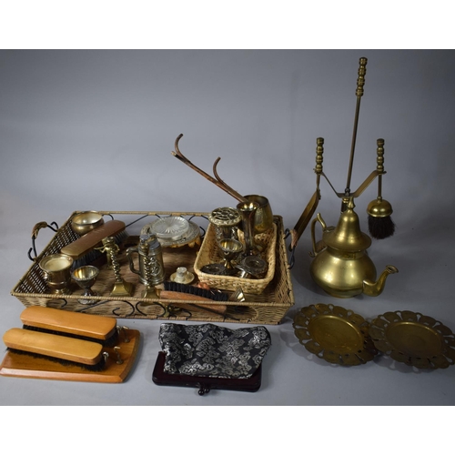 127 - A Metal and Wicker Tray Containing Various Brass Ornaments Etc.