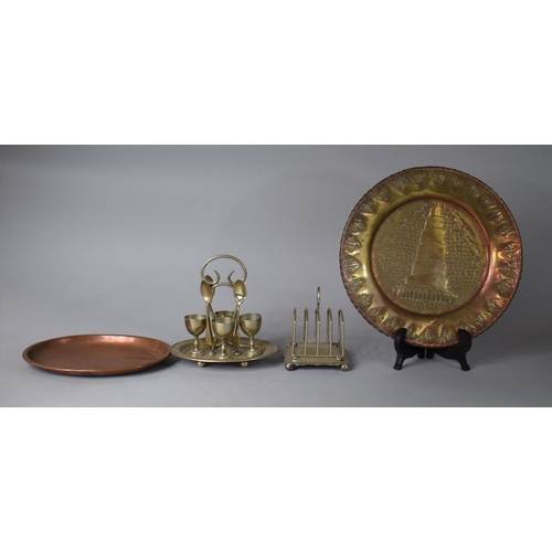 131 - A Collection of Metalwares to Include Egg and Spoon Set, Toast Rack, Copper Trays - One Featuring Ha... 