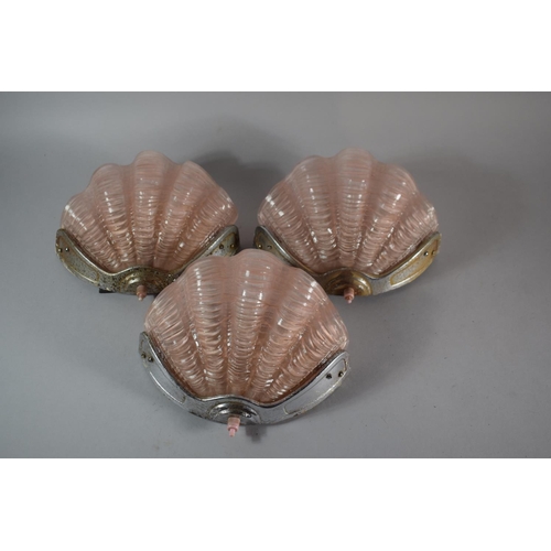 60 - A Set of Three Art Deco Chrome and Glass Wall Light Fittings of Shell Form and with Push Button Swit... 