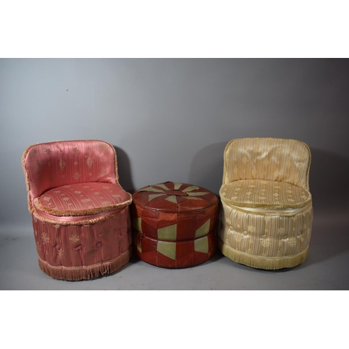 446 - Two Vintage Ladies Tub Upholstered Nursing Chairs Together with a Vintage Circular Leather Stool (af... 