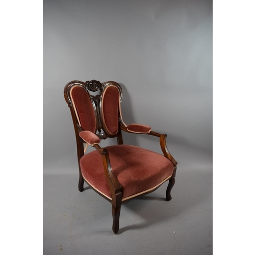 444 - A Victorian Mahogany Framed Ladies Upholstered Armchair with Pierced Back