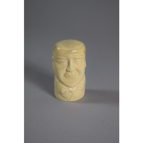 220 - An Early 20th Century Carved Ivory Cane Handle in the Form of Gent Wearing Bow Tie, Signed 3cms High