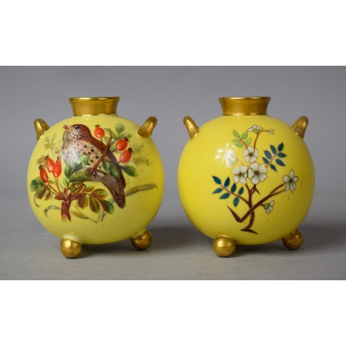 172 - Two Worcester c.1875 Yellow Vases of Spherical Form Raised on Three Ball Feet with Gilt Highlights, ... 