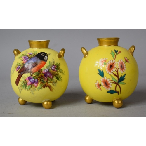 172 - Two Worcester c.1875 Yellow Vases of Spherical Form Raised on Three Ball Feet with Gilt Highlights, ... 