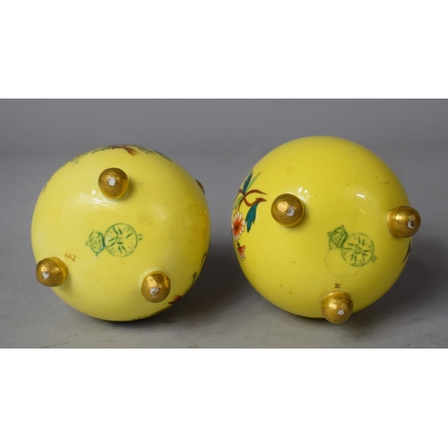 172 - Two Worcester c.1875 Yellow Vases of Spherical Form Raised on Three Ball Feet with Gilt Highlights, ... 