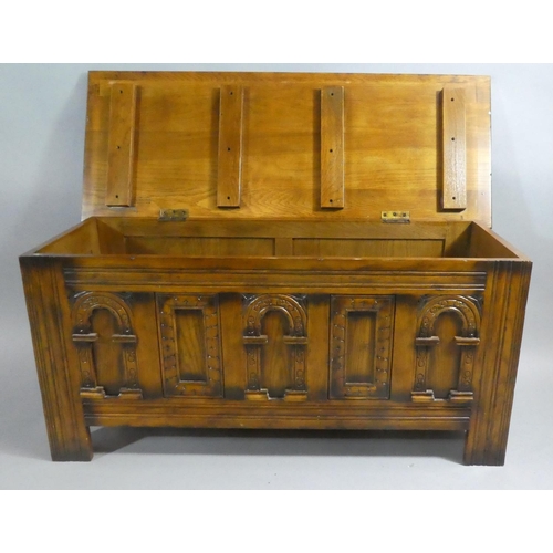 102 - A Nice Quality Mid 20th Century Oak Coffer Chest with Panelled and Carved Front, 112cm Wide