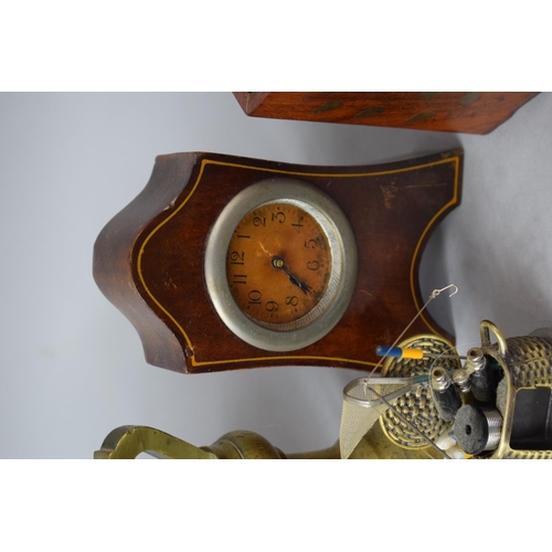 168 - A Tray of Curios to Include Brass Bell Weights, Mantle Clock, Dominoes, Cribbage Board, Slide Viewer... 