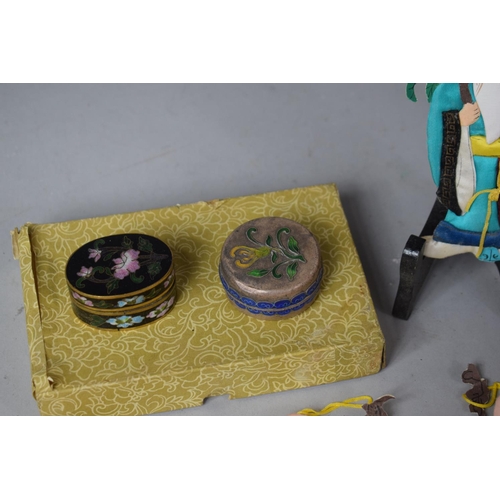 97 - Two Oriental Enamelled Boxes Together with Four Embroidered Chinese Cardboard Cutouts of Immortals