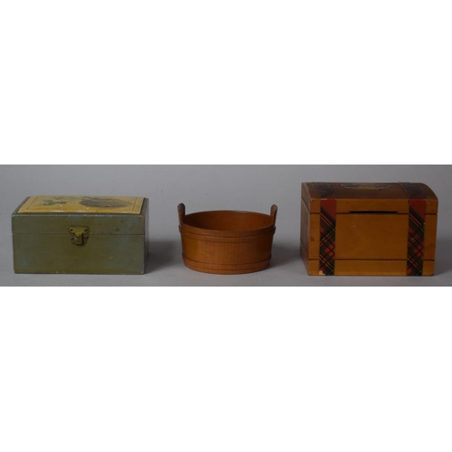 101 - Two Teen Mauchline Ware Boxes and Small Barrel with Paper Label