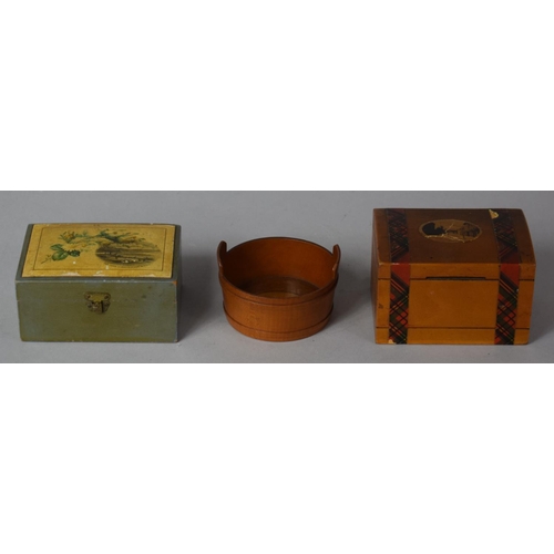 101 - Two Teen Mauchline Ware Boxes and Small Barrel with Paper Label