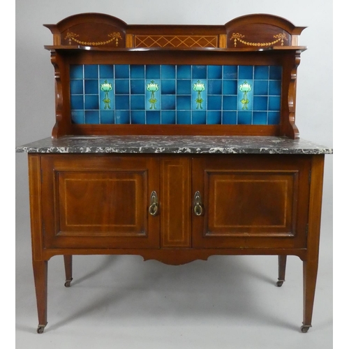 15 - A Pretty Art Nouveau Inlaid Mahogany Marble Washstand with Tiled Back, 122cm Wide