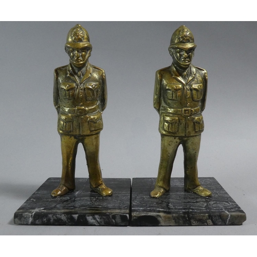 23 - A Pair of Brass Figures of Policeman Set on Square Marble Plinths, Each 17cm High