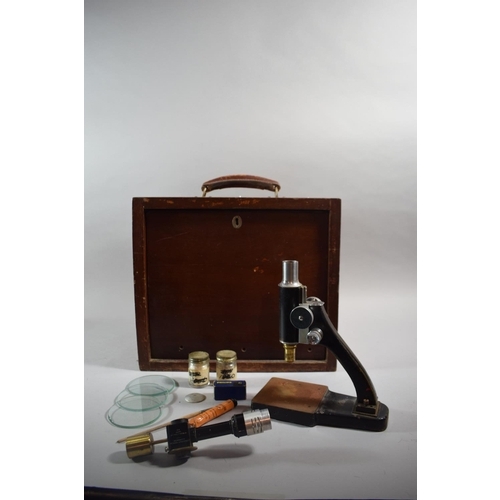 222 - A Vintage Mahogany Cased Bench Metallurgical Microscope