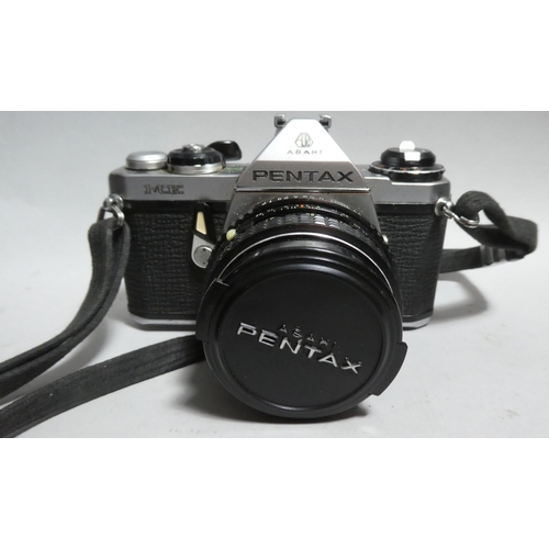 98 - A Pentax ME 35mm Camera, Three Lenses, Flash Gun, Camera Case etc