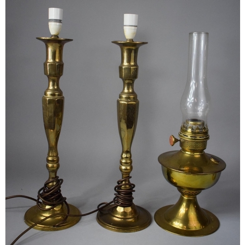 90 - A Pair of Tall Brass Table Lamp Bases, 48cm high Together with an Oil Lamp