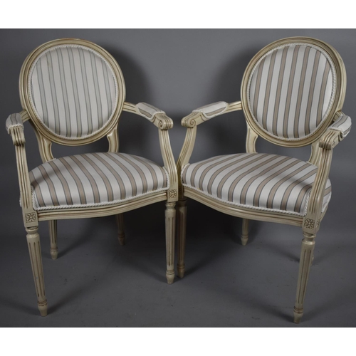 516 - A Pair of French Style Cream Painted Salon Armchairs with Serpentine Fronts and Striped Upholstery