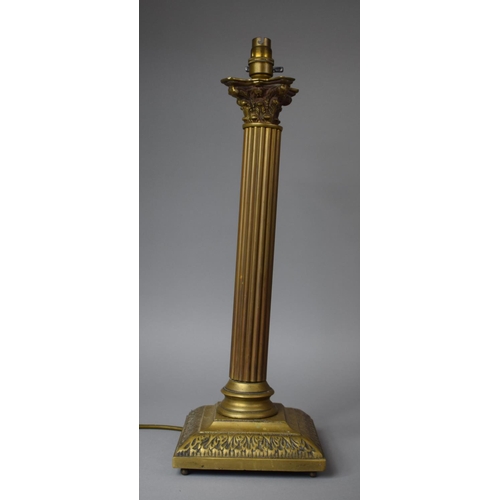 108 - A Tall Brass Corinthian Column Table Lamp on Square Plinth Base, 51cm High