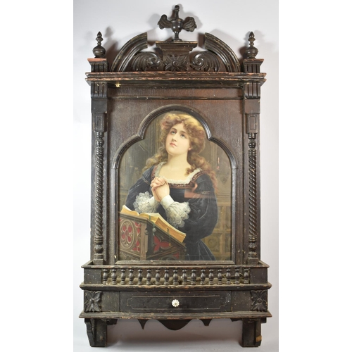 112 - A Late Victorian French Carved Wooden Wall Hanging Galleried Shelf Display with Inset Print Depictin... 