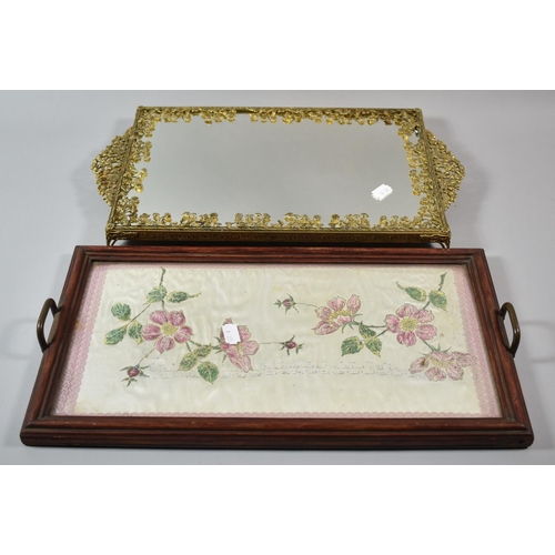 117 - A Pretty Gilt Framed Mirrored Tray Stand with Floral Decoration Together with a Painted Silk Example... 