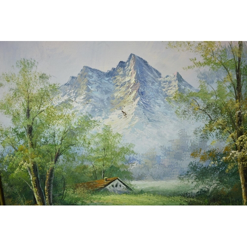 164 - A Framed Oil on Canvas Depicting Alpine Scene with Chalet, 59cm wide