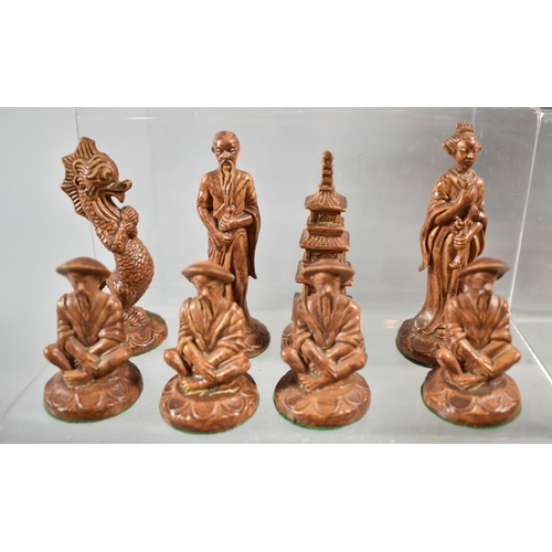 175 - A Full Set of Oriental Figural Chess Pieces, The Kings 9.25cm high
