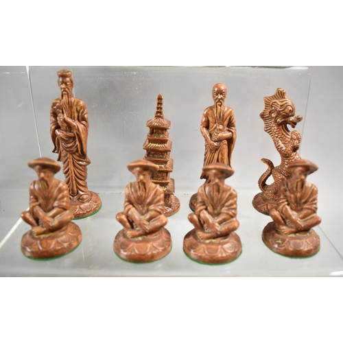 175 - A Full Set of Oriental Figural Chess Pieces, The Kings 9.25cm high