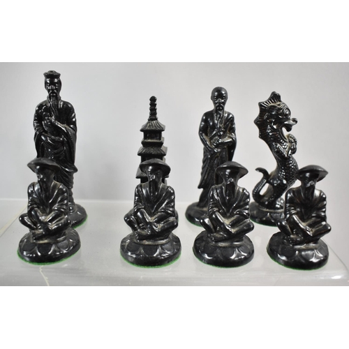 175 - A Full Set of Oriental Figural Chess Pieces, The Kings 9.25cm high