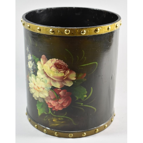 62 - A Cylindrical Waste Bin with Painted Floral Decoration, 21cm Diameter
