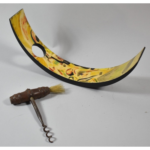 89 - A Vintage Wooden Handled Corkscrew with Brush and a Hand Painted Modern Wine Bottle Holder