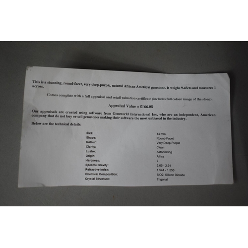 344 - A 14mm Round African Amethyst Stone with Appraisal Value for £166.08