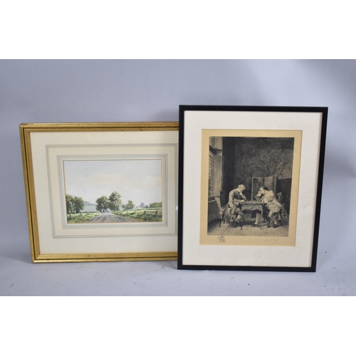 118 - A Framed Watercolour Depicting Country Lane Together with a Framed Etching, the Chess Players