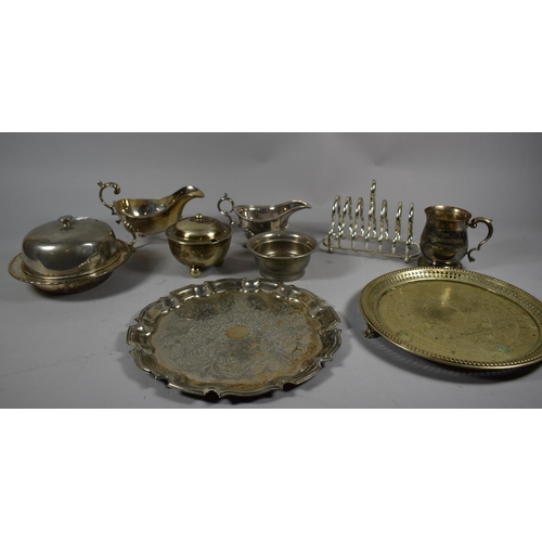 128 - A Collection of Various Silver Plate to Include Sauce Boats, Toast Rack, Muffin Dish, Salver etc