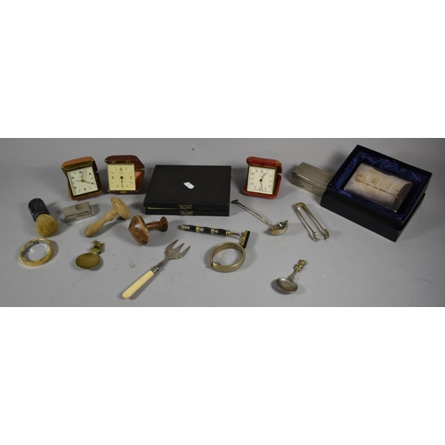 136 - A Collection of Curios to Include Three Vintage Travel Clocks, Silver Plated Boxes, Shaving Brush, M... 