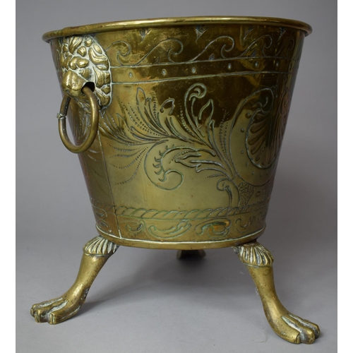 137 - A Brass Cylindrical Planter on Three Claw Feet with Lion Mask Ring Carrying Handles, 26cm diameter