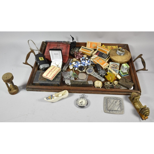 156 - An Edwardian Two Handled Tray Containing Various Curios to include Pocket Watch and Wrist Watches, P... 