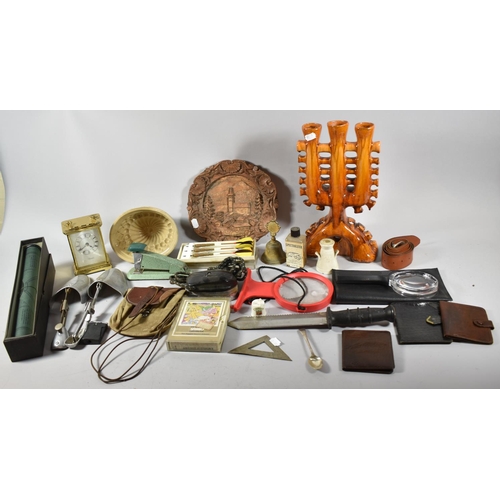 159 - A Box of Curios to Include Carved Austrian Wooden Plaque, Vintage Glazed Jelly Mould, Set of Darts, ... 