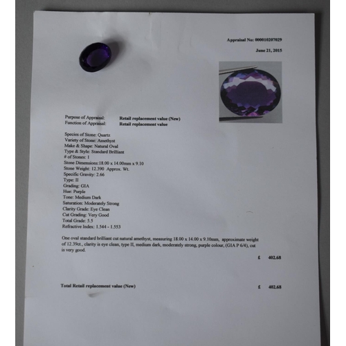 239 - A Natural Oval Amethyst Gemstone with Appraisal Valuation of £402.68