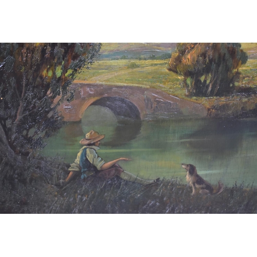 292 - A Framed Oil on Board Depicting 19th Century River Scene with Boy and Dog to Foreground, 74cm wide