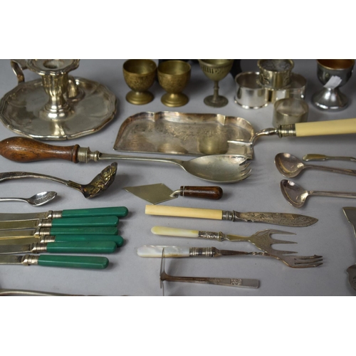 346 - A Collection of Various Metalwares to include Circular Salver, Bedchamber Stick, Napkin Rings, Vario... 