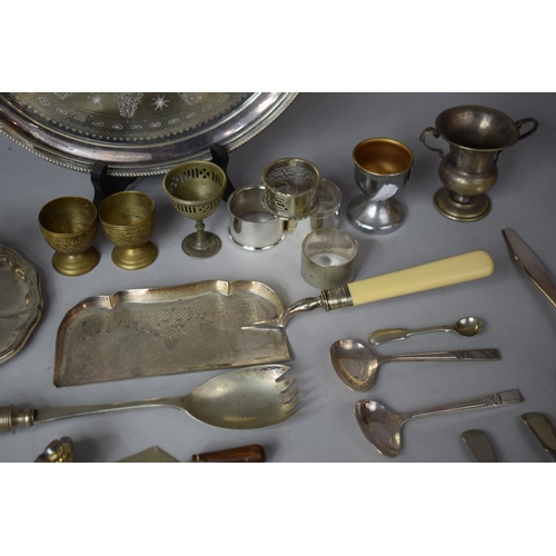 346 - A Collection of Various Metalwares to include Circular Salver, Bedchamber Stick, Napkin Rings, Vario... 