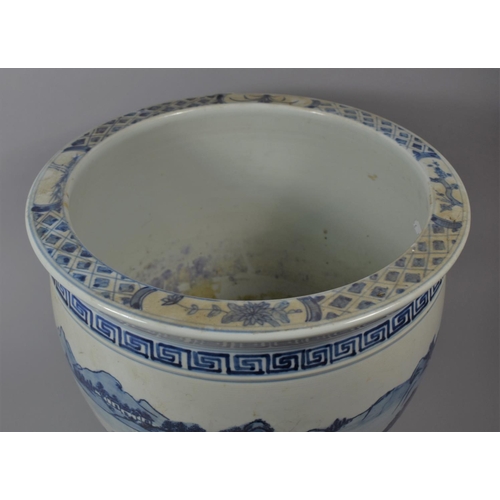 364 - A Large Blue and White Chinese Fish Bowl Decorated with Sea, Mountains, Figures etc, 37.5cm Diameter... 