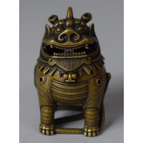 372 - A Chinese Bronze Incense Burner in the Form of a Temple Lion Standing on Snake with Hinged Lid, 6cm ... 