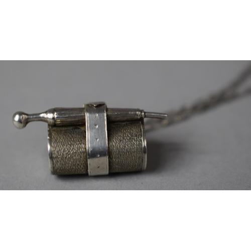 422 - A White Metal Charm Depicting Umbrella and Rolled Picnic Blanket on an Early T Bar Silver Chain