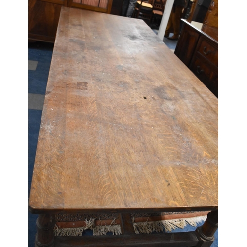 519 - A Large Edwardian Oak Refectory Style Dining Table with Turned Supports and Central Stretcher, 290x1... 