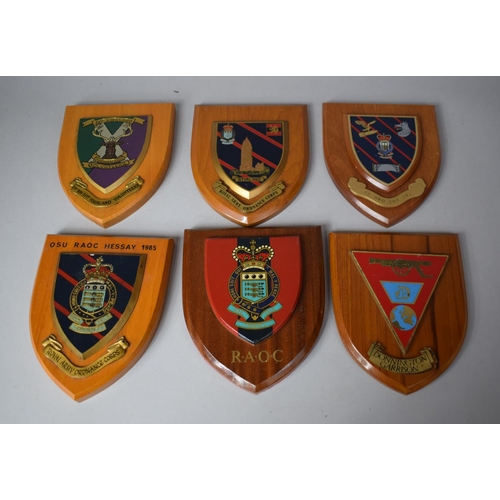 65 - A Collection of Six Wooden Regimental Shields, Each 18cm high