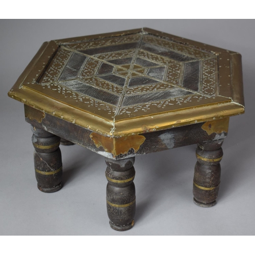 69 - A Brass Mounted Hexagonal Stool on Six Turned Supports, 38cm Diameter