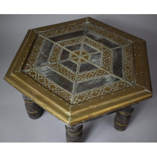 69 - A Brass Mounted Hexagonal Stool on Six Turned Supports, 38cm Diameter