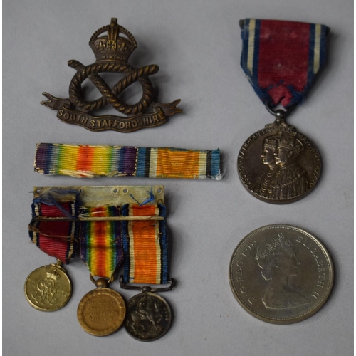 113 - A Set of WWI Miniature Military Medals, South Staffordshire Regimental Badge, George V Coronation Me... 